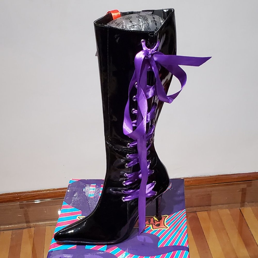Black patent stiletto boots with ribbons